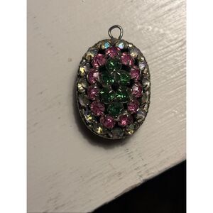 Vintage AB Rhinestone Jet Glass Domed Pendant 1950s Czech/West Germany Style